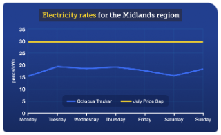 Graph giving a visual representation of the energy costs contained in the preceding table, showing electricity rates for the Midlands region over 29 May to 4 June. The lines representing the Energy Price Guarantee and Price Cap from July remain flat – as these fixed rates don't change over the week. The line representing the Octopus Tracker tariff also largely remains flat, although it dips slightly going into the weekend. The key point here is that the line for Octopus Tracker is far lower than those of the Energy Price Guarantee and Price Cap from July, highlighting that the Octopus Tracker tariff was much cheaper than those rates in this period. 