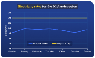 Graph giving a visual representation of the energy costs contained in the preceding table, showing electricity rates for the Midlands region over 29 May to 4 June. The lines representing the Energy Price Guarantee and Price Cap from July remain flat – as these fixed rates don't change over the week. The line representing the Octopus Tracker tariff also largely remains flat, although it dips slightly going into the weekend. The key point here is that the line for Octopus Tracker is far lower than those of the Energy Price Guarantee and Price Cap from July, highlighting that the Octopus Tracker tariff was much cheaper than those rates in this period.