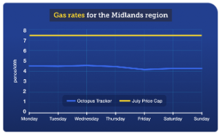 Graph giving a visual representation of the energy costs contained in the preceding table, showing gas rates for the Midlands region over 29 May to 4 June. The lines representing the Energy Price Guarantee and Price Cap from July remain flat – as these fixed rates don't change over the week. The line representing the Octopus Tracker tariff also largely remains flat, although it dips slightly going into the weekend. The key point here is that the line for Octopus Tracker is far lower than those of the Energy Price Guarantee and Price Cap from July, highlighting that the Octopus Tracker tariff was much cheaper than those rates in this period.