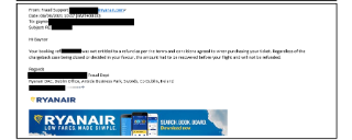 The email reads: "Your booking ref... was not entitled to a refund as per the terms and conditions agreed to when purchasing your ticket. Regardless of the chargeback case being closed or decided in your favour, the amount had to be recovered before your flight and will not be refunded."