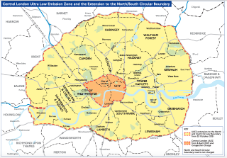 Map of the central London ultra low emission zone and the extension to the north/south circular boundary