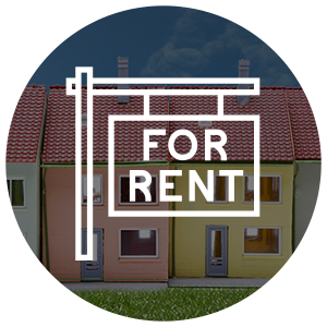 cartoon of a row of houses in the background with a for rent sign in the foreground