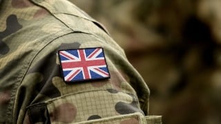 Flag of United Kingdom on military uniform. UK Army. British Armed Forces, soldiers. Collage.