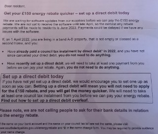 The letter says South Derbyshire Council is waiting on its supplier before it can pay the rebate. The council says the earliest it can do this is June. It also encourages residents to set up a direct debit so that they don't need to apply for the rebate and will "get the money quicker".