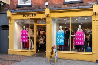 Derby,England - 3 January 2020: store front of Joules on the famous cobbled street of Sadlergate photo taken during the British January sales