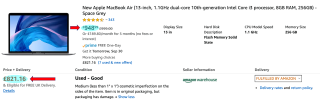 Image showing a new Apple MacBook Air, which is 13-inch, 1.1GHz dual-core, 10th-generation Intel Core i3 processor, 8GB Ram and 256GB. It is usually £948.99, but through Amazon Warehouse it was £821.16 in 'Good' condition.