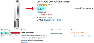 Image of the Dyson Pure cool fan and purifier. It is normally £529, but on Amazon Warehouse it was priced £374.25 in "Acceptable" condition.