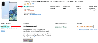Image showing a Samsung Galaxy S20 Sim-free smartphone, a cloud blue UK version of the model. It normally costs £679.99, but through Amazon Warehouse it was £568.22 in 'Very Good' condition.