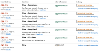 An image showing a list of different options for the same product in the image above, with columns listing information about "Price + Delivery", "Condition", "Seller Information" and "Delivery".