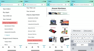 Four screenshots showing how to find Amazon Warehouse through the Amazon app on a mobile device. First select 'Shop by Department' through the menu, then click "See all", then select "Amazon Warehouse Deals". You can then either select a category to browse or search for something specific in the search bar.