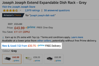 Image showing where on a typical Amazon listing where you can find the 'Amazon Warehouse' deals for that specific product. The highlighted text in the image reads "New & Used (12) from £30.75 - Prime FREE Delivery". The relevant text is towards the bottom of the listing, above the colour.