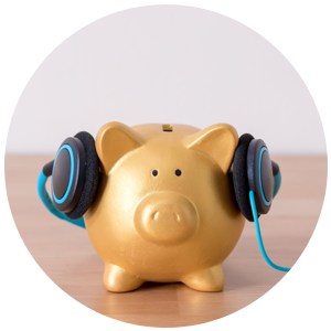 Piggy bank wearing headphones Piggy bank wearing headphones.