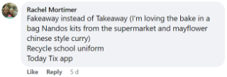 Rachel says: "Fakeaway instead of takeaway (I'm loving the bake in a bag Nando's kits from the supermarket and Mayflower Chinese-style curry."
