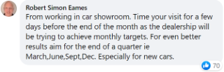 Robert said: "Time your visit for a few days before the end of the month as the dealership will be trying to achieve monthly targets. For even better results aim for the end of a quarter (March, June, Sept, Dec)."