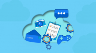 Vector image of a light blue cloud on a blue background containing email, camera, settings, documents and gaming icons.