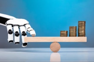 Robot Balancing Stacked Coins With Finger On Wooden Seesaw Against Blue Background