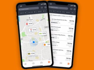 Screenshots of the PetrolPrices app, the first of the map screen, the second of the list screen