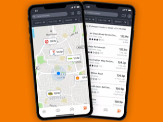 PetrolPrices.com app Two smartphones displaying the PetrolPrices.com app on their screens.