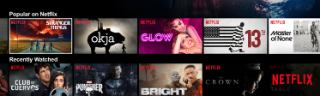 Netflix menu, featuring titles Stranger Things, Okja, Glow, 13th, Master of None, Club de Cuervos, The Punisher, Bright and The Crown