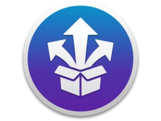 Stuffit Expander logo Stuffit Expander logo, which is three white arrows emerging from an open white box on a blue background.