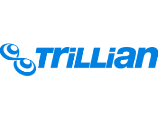 Trillian logo, which is light blue writing on a white background with a sloping figure-of-eight symbol to the right of it.