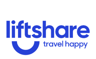 Liftshare logo, which is 'Liftshare, travel happy' in royal blue on a white background.