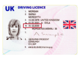 Photocard driving licence with expiry date in section 4b highlighted.