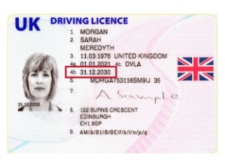 Photocard driving licence with expiry date highlighted Photocard driving licence with expiry date in section 4b highlighted.