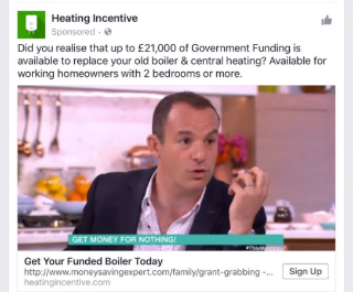 Fake ad using Martin Lewis image to sell boiler and heating incentives