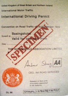 Example of an international driving permit, with 'specimen' stamped across it.
