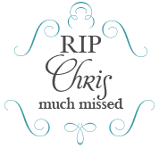 Vector image saying 'RIP Chris - much missed' with swirls around it.