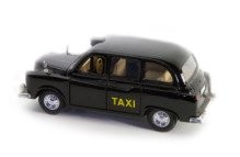 Photo of a model of a black hackney carriage taxi.