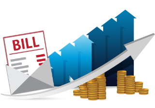Bills rising vector image Vector image showing a bill emerging from an envelope, piles of coins and upwards pointing arrows.