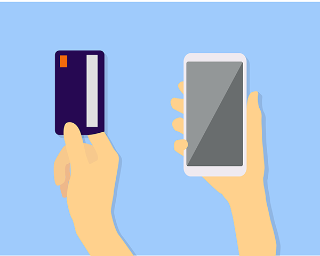 Illustration of one hand holding up a credit card and another holding up a smartphone.
