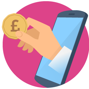 Illustration of a hand holding a coin with a pound symbol on reaching out from the screen of a smartphone