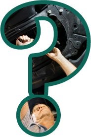 Question mark with a green outline and a photo of a mechanic working under a car inside