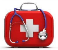 A red and white first air kit with a blue and silver stethoscope draped over it.