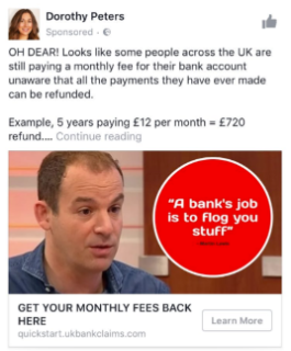 Fake ad using Martin Lewis image to scam consumers into clicking link to reclaim bank fees