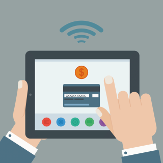 creditcard mobile payment hand holding tablet flat design pay by direct debit