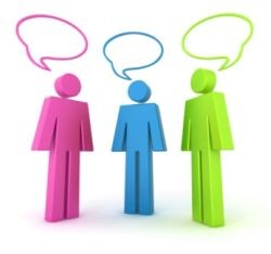 Vector image of three stick figures with speech bubbles above them.