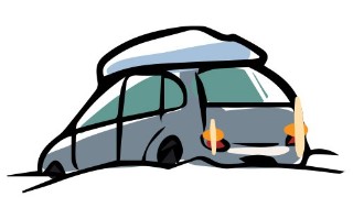 Illustration of a grey car driving in heavy snow.