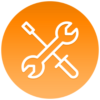 Illustration of a spanner and screwdriver crossed on an orange background.