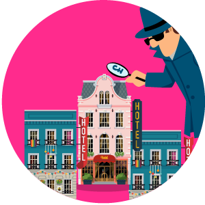 Illustration of a detective with a magnifying glass with a pound sign on it looking at hotels.