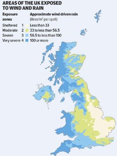 The areas in the UK most at risk of 'wind-driven rain' are roughly most of Wales and Northern Ireland, and if you were to draw a line down the middle of the UK, most places to the west of that line
