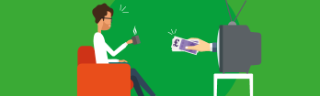 Illustration of a man in an armchair being offered money by a hand coming from a TV.