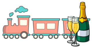 Illustration of a pink and blue steam train with a bottle of champagne and two glasses next to it.