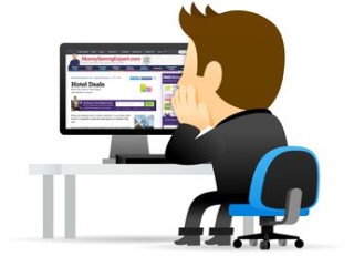 Vector image of a figure sitting at a desk with its back to us and its chin in its hands, looking at MoneySavingExpert.com on a desktop computer.