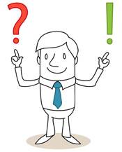 Illustration of a figure pointing to a question mark with one hand and an exclamation mark with the other.