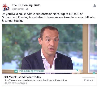 Fake ad using Martin Lewis image to sell boiler and heating incentives
