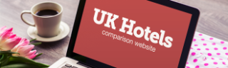 Laptop displaying a UK hotels comparison website.
